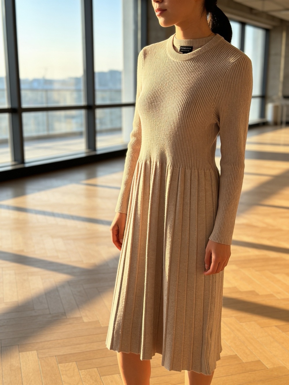 Christina Beige Rib-Knit Long Sleeve Pleated Midi Dress